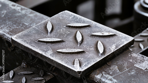 Wallpaper Mural Metal stamping mold with embossed elements placed on machine in factory workshop close-up view.
 Torontodigital.ca