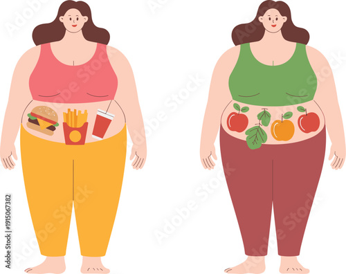 Healthy and unhealthy lifestyle comparison with obese woman fast food versus organic nutrition flat vector illustration
