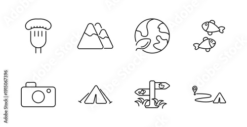 Camping set icon. Mushroom, mountains, earth, fish, camera, tent, signpost, route, travel, exploration, outdoor, adventure, direction, trail, hike, wildlife.