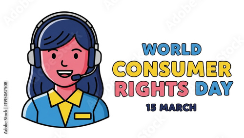High-quality black outline colorful art of a smiling customer service representative with headset, symbolizing accessibility and support for World Consumer Rights Day