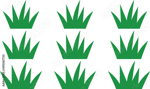 Green grass icon set, minimalist vector lawn tufts for landscape design, game assets, mobile apps, web backgrounds, garden graphics collection