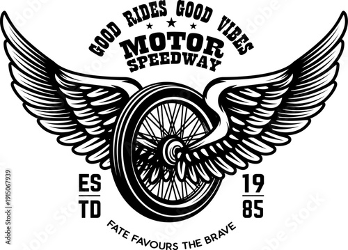 A vintage-style motorcycle emblem featuring a spoked wheel with large spread wings, arched text "Motor Speedway," and the slogan "Fate Favours The Brave." Ideal for biker logos.