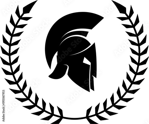 A black and white vector illustration of a Spartan or Greek warrior helmet enclosed in a laurel wreath. A powerful minimalist silhouette for sports or security logos.