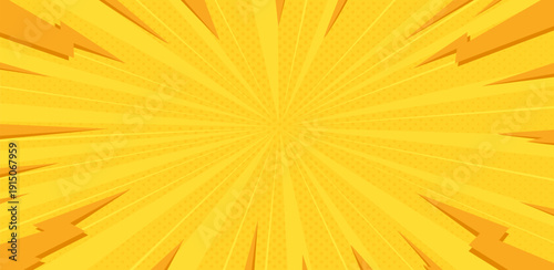 Pop art comic background with thunder. Yellow sunburst effect background with halftone. Explosion radial lines abstract comic book, anime style, lightning. Vector illustration.