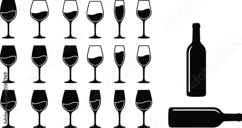 Wine glass silhouette set with fill levels and bottle shapes, black vector collection for beverage branding, bar menus, tasting charts, infographics, and print design.