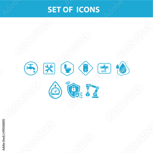 Professional Blue Plumbing Service Icon Set Featuring Water Taps Wrenches Toilets Water Heaters Smart Leak Detection and Industrial Robotic Construction Arms