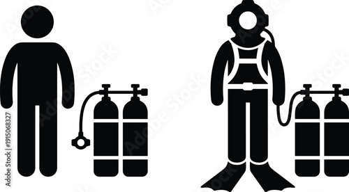 Scuba diving icon set with diver silhouette, oxygen tank equipment and underwater safety symbols, black vector collection for water sports design, training materials, signage, web and app graphics.