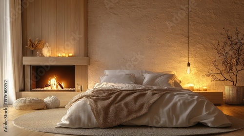 A cozy modern bedroom featuring a fireplace, textured walls, and ambient lighting creating a relaxing atmosphere