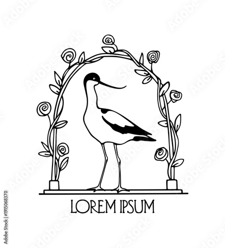 Vector card with hand drawn beautiful Pied Avocet in vintage floral laurel. Beautiful wildlife design elements, ink drawing, logo template