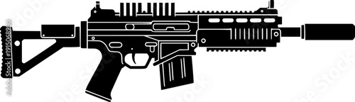 Modern Assault Rifle Silhouette - Tactical Military Firearm with Silencer Vector
