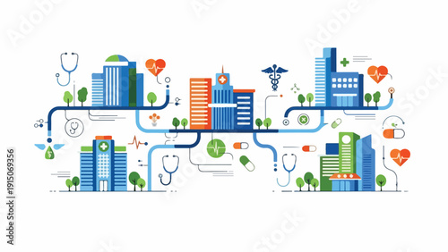 Illustration of a stylized cityscape with interconnected blue lines, green trees, and medical symbols like stethoscopes and hearts on a white background with a mix of blue, orange, and