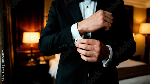 Groom adjusting cufflinks on tuxedo suit. Man dressing for formal event or wedding