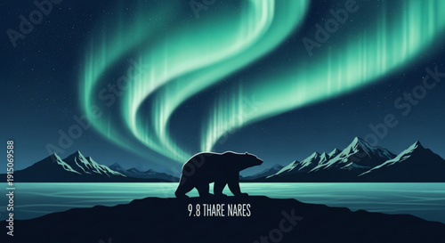 Silhouette of a bear under the vibrant green northern lights mountains in the background serene natural landscape