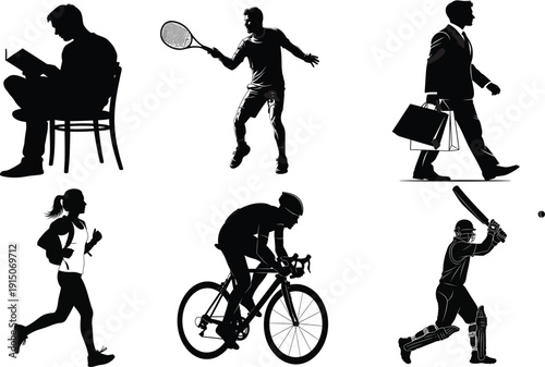 Silhouettes of people engaging in various physical activities and professions