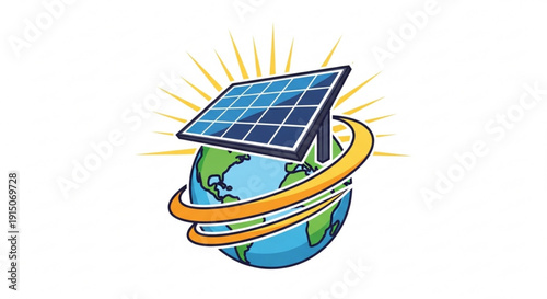 Solar panel on earth with sun rays symbolizing renewable energy and sustainability