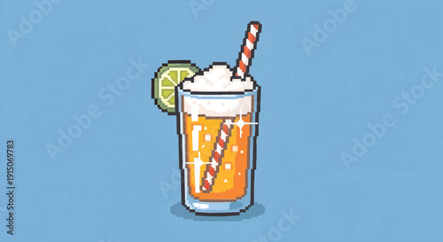 Refreshing Summer Cocktail Pixel Art with Lime and Straw