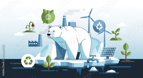 Polar bear on melting iceberg with renewable energy symbols and recycling icons representing climate change and eco friendly technology