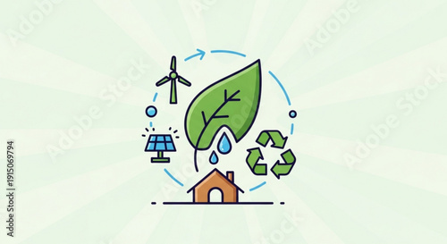 Eco friendly home with green leaf wind turbine solar panel and recycling symbol on light green background representing sustainable living and renewable energy