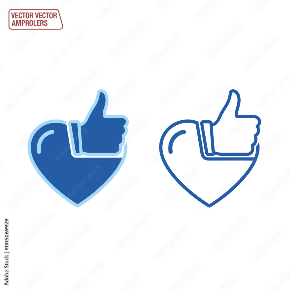 Obraz premium Two thumbs up icons in heart shape, one filled and one outlined, symbolizing approval and appreciation.