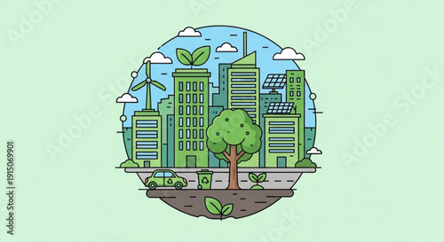 Eco friendly cityscape with green buildings renewable energy sources and lush vegetation promoting sustainable urban planning and environmental conservation