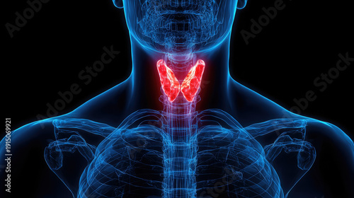 Anatomically accurate red 3D image of the thyroid gland inside the throat of a transparent blue hologram of the human body on a black background, X-ray, endocrinology, larynx