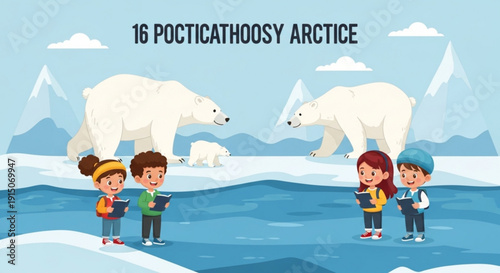 Children observing polar bears on ice floes in arctic landscape with glaciers and mountains