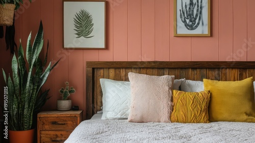A cozy urban retreat with eucalyptus baby pink walls, a sleek wooden-panelled headboard, and potted snake plants enhancing the natural aesthetic.