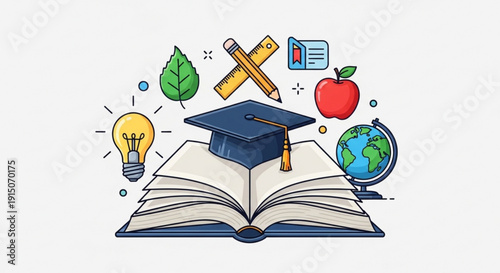 Education icons on open book with graduation cap learning symbols and school objects