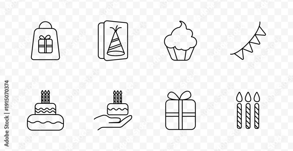 Fototapeta premium Birthday set icon. Gift bag, party hat card, cupcake, bunting, layered cake, hand with cake, wrapped gift, candles, all outlined in celebration visuals.