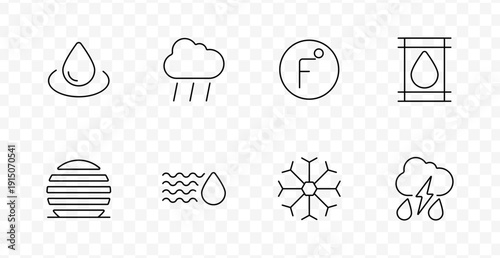 Weather condition set icon. Water drop, rain cloud, fahrenheit, barrel, fog, humidity, snowflake, thunderstorm drawn in outlined style with transparent background