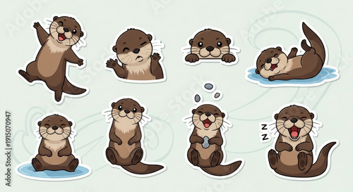 Adorable otter stickers in various playful happy poses