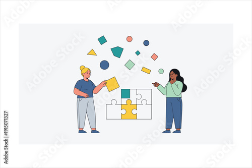 Two women collaborating to solve a jigsaw puzzle together with falling puzzle pieces