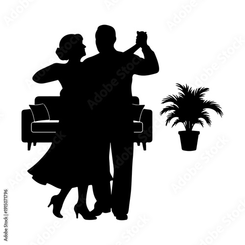 Couple dancing vector illustration, elegant seniors at home with sofa and plant