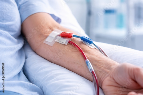 Dialysis patient arm catheter tube hospital healthcare nephrology concept treatment dialysis patient arm with catheter tube hospital healthcare setting illustrating nephrology concept and chronic