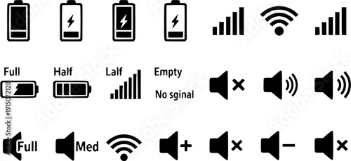 Battery Power Level, WiFi Signal Strength, and Volume Control Status Icon Vector Set