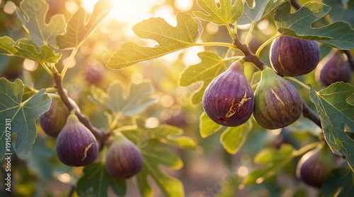 Gros plan sur des figues violettes mûres et fendues sur les branches d'un figuier dans un verger baigné par la lumière dorée du soleil