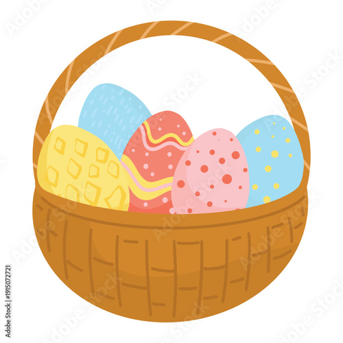 Basket of Eggs, Rustic Easter Basket Illustration. Woven Basket with Painted Eggs, Spring Clipart. Easter Egg Basket, Pastel Holiday Illustration