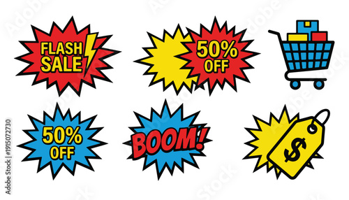 Explosive Sale and Discount Signs with Shopping Cart