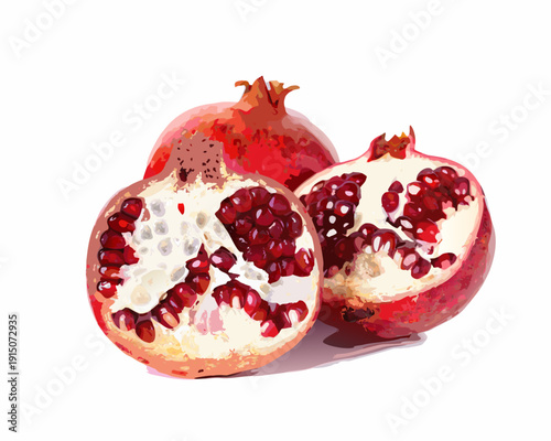 A vibrant illustration of a whole and halved pomegranate fruit