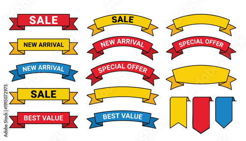 Colorful Vector Collection of Promotional Ribbon Banners for Sales, Discounts, and Special Offers Marketing Design Elements