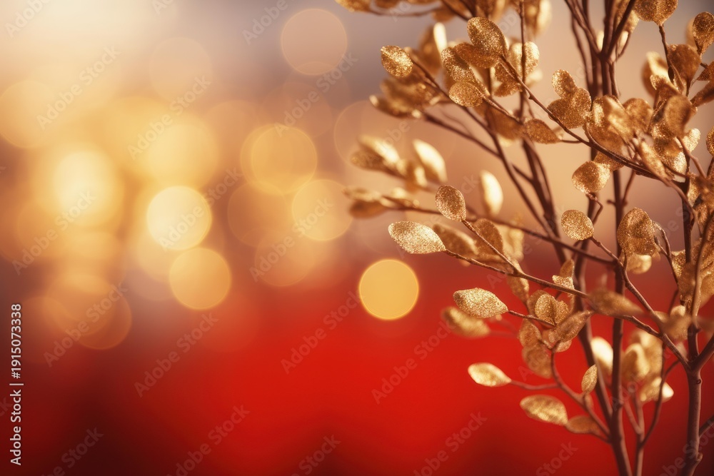 Fototapeta premium Golden glitter leaves sparkling on a branch with warm red bokeh lights creating a festive atmosphere