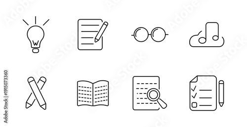 Education and study set icon. Lightbulb, paper with pencil, glasses, music cloud, crossed pencils, open book, paper with magnifier, checklist