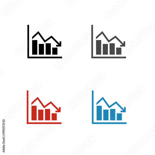 Set of four downward trend bar chart icons in black, grey, red, and blue. Minimalist financial loss, recession, and bankruptcy vector symbols.