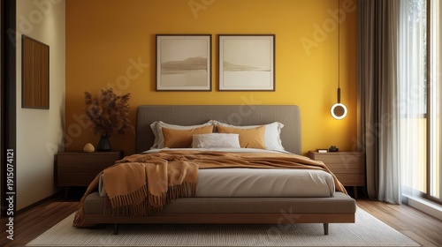 A cozy yet luxurious bedroom featuring a plush queen-size bed, soft eucalyptus mustard walls, and smooth wooden flooring, embodying modern comfort.