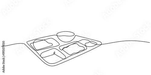 Single continuous line art style food tray. Line art Illustration Editable stroke.
