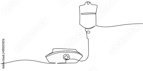 Single continuous line art style: Nurse's cap and IV bag. Line art Illustration Editable stroke.