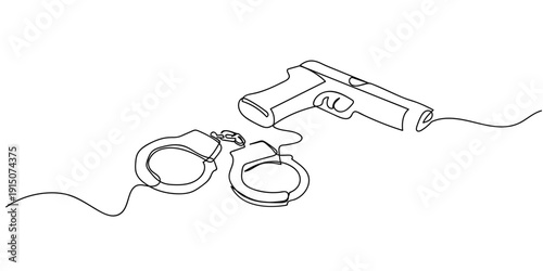 Single continuous line art style: handcuffs and a handgun. Line art Illustration Editable stroke.
