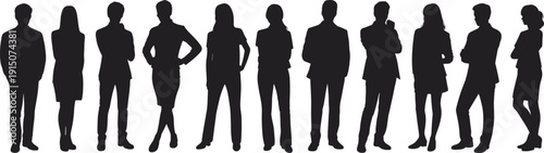 Business people silhouettes standing in row, diverse professional team group isolated on white background, corporate workforce concept illustration