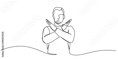 Single continuous line art style: A man raises his hand in a gesture of refusal. Line art Illustration Editable stroke.