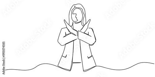 Single continuous line art style: Businesswoman making a gesture of refusal. Line art Illustration Editable stroke.